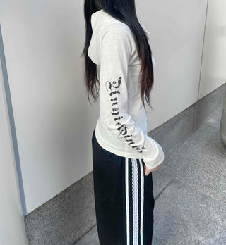 Basic Cotton Lettering Hooded Snap Long Sleeve T-shirt