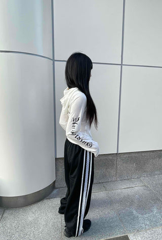 Basic Cotton Lettering Hooded Snap Long Sleeve T-shirt