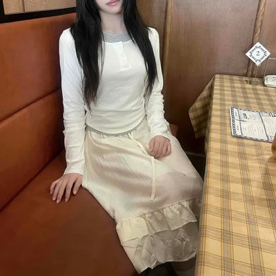 Comfortable U-neck Button Long Sleeve T-shirt