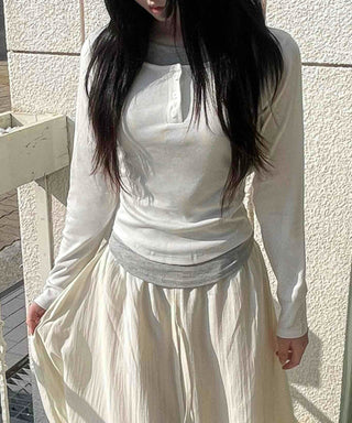 Comfortable U-neck Button Long Sleeve T-shirt