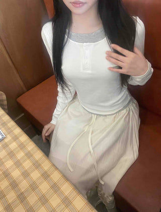 Comfortable U-neck Button Long Sleeve T-shirt
