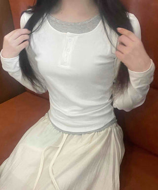 Comfortable U-neck Button Long Sleeve T-shirt