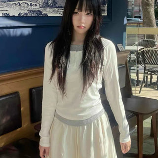 Comfortable U-neck Button Long Sleeve T-shirt