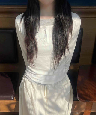 Comfortable U-neck Button Long Sleeve T-shirt