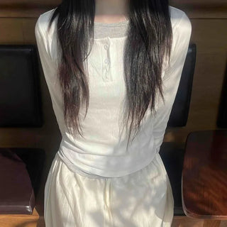 Comfortable U-neck Button Long Sleeve T-shirt