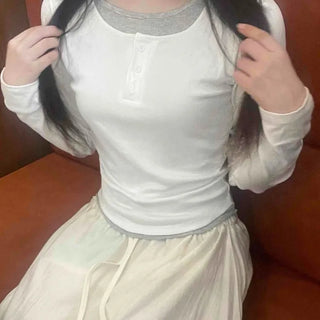 Comfortable U-neck Button Long Sleeve T-shirt