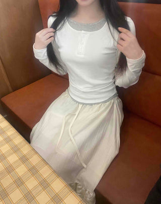 Comfortable U-neck Button Long Sleeve T-shirt