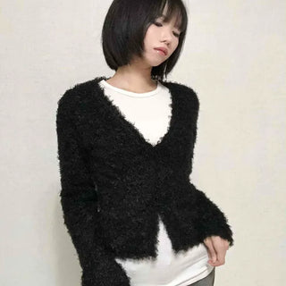 New Basic V-Neck Fur Poodle Cardigan