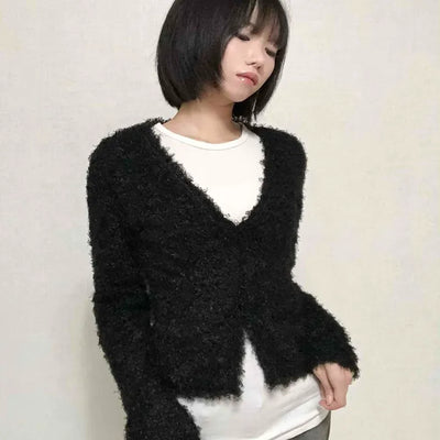New Basic V-Neck Fur Poodle Cardigan