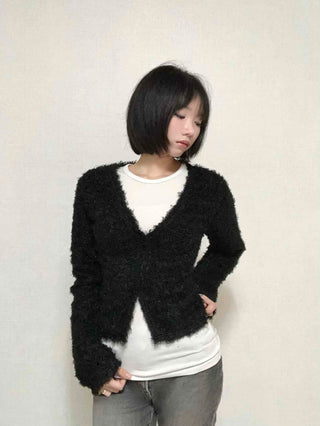 New Basic V-Neck Fur Poodle Cardigan
