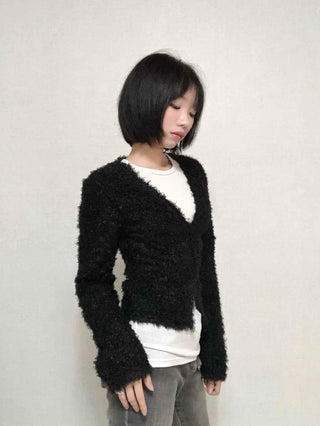 New Basic V-Neck Fur Poodle Cardigan