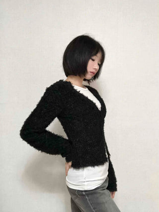 New Basic V-Neck Fur Poodle Cardigan