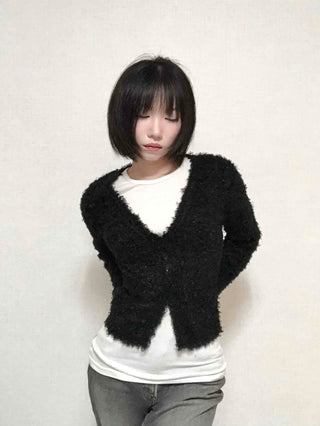 New Basic V-Neck Fur Poodle Cardigan