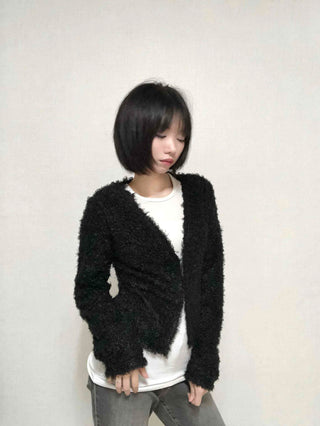 New Basic V-Neck Fur Poodle Cardigan