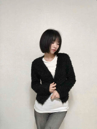 New Basic V-Neck Fur Poodle Cardigan