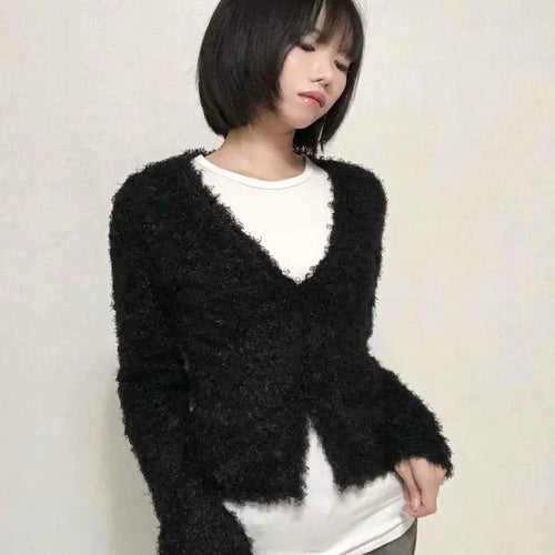 New Basic V-Neck Fur Poodle Cardigan