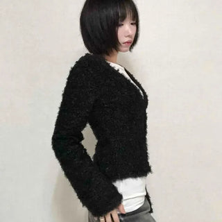 New Basic V-Neck Fur Poodle Cardigan