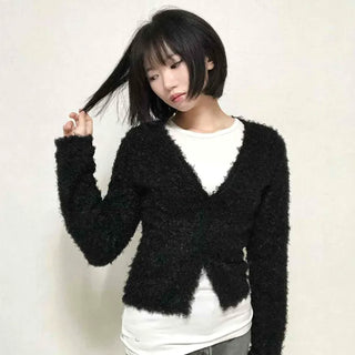 New Basic V-Neck Fur Poodle Cardigan