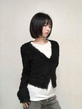 New Basic V-Neck Fur Poodle Cardigan