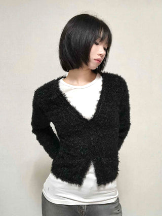 New Basic V-Neck Fur Poodle Cardigan