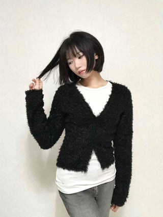 New Basic V-Neck Fur Poodle Cardigan
