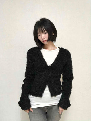 New Basic V-Neck Fur Poodle Cardigan