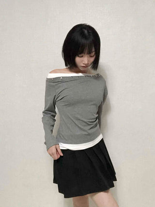 Round Neck Studded Off-Shoulder T-Shirt
