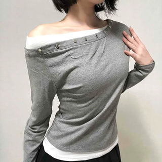 Round Neck Studded Off-Shoulder T-Shirt