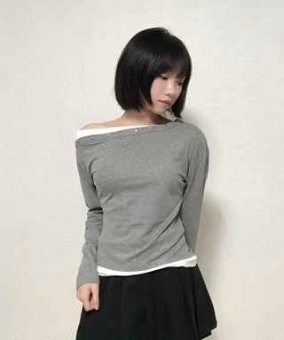 Round Neck Studded Off-Shoulder T-Shirt