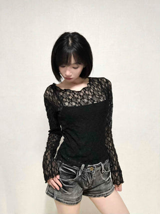 Romantic Lace Flower Slim Fit Long Sleeve T-shirt