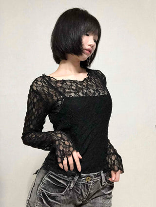 Romantic Lace Flower Slim Fit Long Sleeve T-shirt