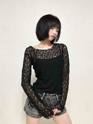 Romantic Lace Flower Slim Fit Long Sleeve T-shirt