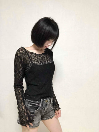 Romantic Lace Flower Slim Fit Long Sleeve T-shirt