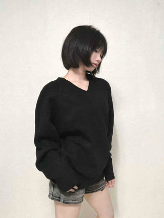 Minimal Avant-Fit Plain V-Neck Knit