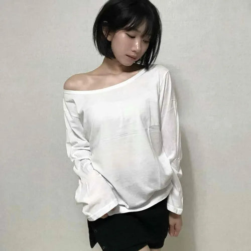 Effortless Chic Boxy Fit Off-Shoulder Long-Sleeve T-Shirt