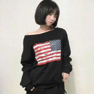 Washington American Flag Loose Fit Off-Shoulder Sweatshirt
