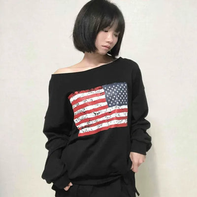 Washington American Flag Loose Fit Off-Shoulder Sweatshirt