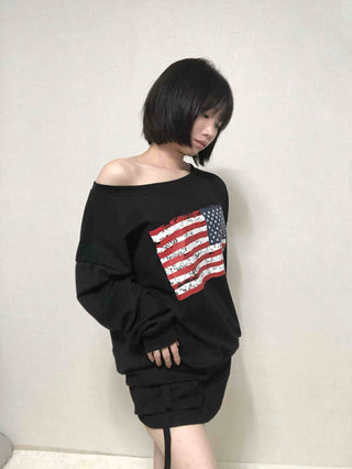 Washington American Flag Loose Fit Off-Shoulder Sweatshirt