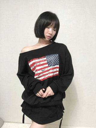 Washington American Flag Loose Fit Off-Shoulder Sweatshirt