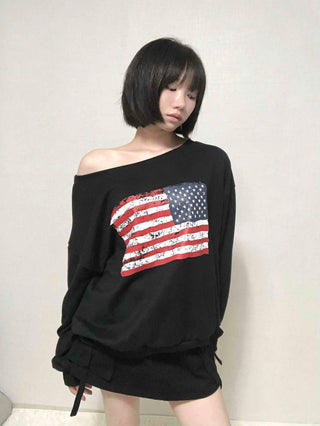Washington American Flag Loose Fit Off-Shoulder Sweatshirt