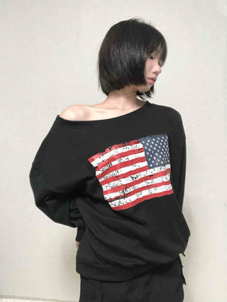Washington American Flag Loose Fit Off-Shoulder Sweatshirt