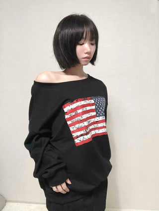 Washington American Flag Loose Fit Off-Shoulder Sweatshirt