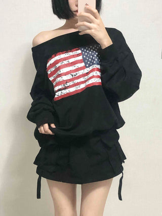 Washington American Flag Loose Fit Off-Shoulder Sweatshirt