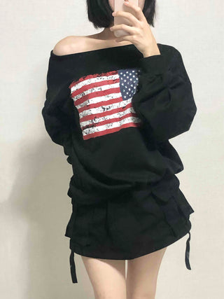 Washington American Flag Loose Fit Off-Shoulder Sweatshirt