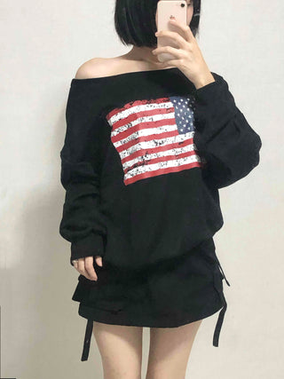 Washington American Flag Loose Fit Off-Shoulder Sweatshirt