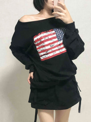 Washington American Flag Loose Fit Off-Shoulder Sweatshirt