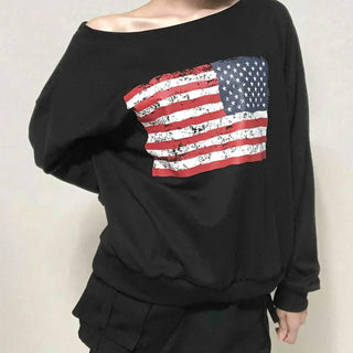 Washington American Flag Loose Fit Off-Shoulder Sweatshirt