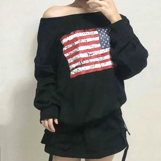 Washington American Flag Loose Fit Off-Shoulder Sweatshirt