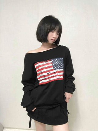 Washington American Flag Loose Fit Off-Shoulder Sweatshirt