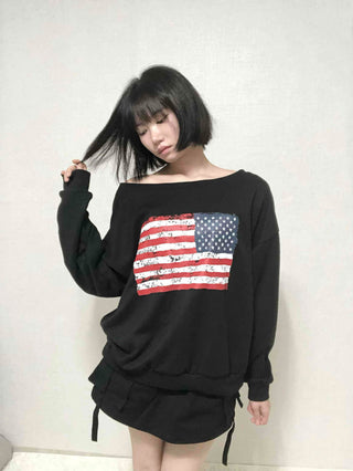 Washington American Flag Loose Fit Off-Shoulder Sweatshirt